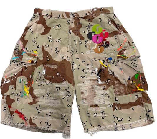 GALLERY DEPT 'CHOCOLATE CHIP CAMO' G PATCH PAINT CUSTOM CARGO SHORTS