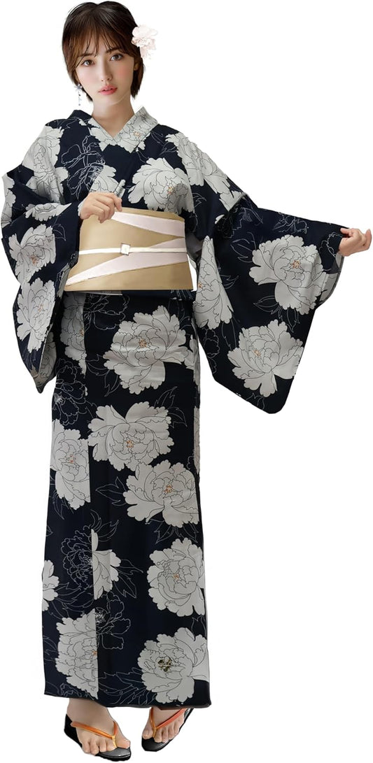Aletta domani Women's Yukata, 2-Piece Set, Yukata Belt Set, Half-Width Sash, Reversible, 100% Cotton, Classic Pattern, Fireworks Festival