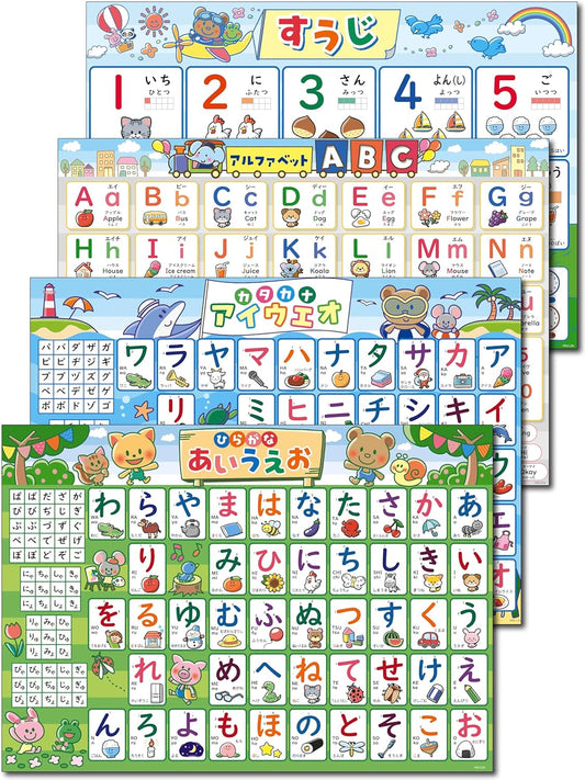 Study in the Bath: Set of 4 bath posters (1. Hiragana, 2. Katakana, 3. Alphabet, 4. Numbers). Comes with removable double-sided tape. ABC English Smooji Learning Poster, Educational Poster, Waterproof