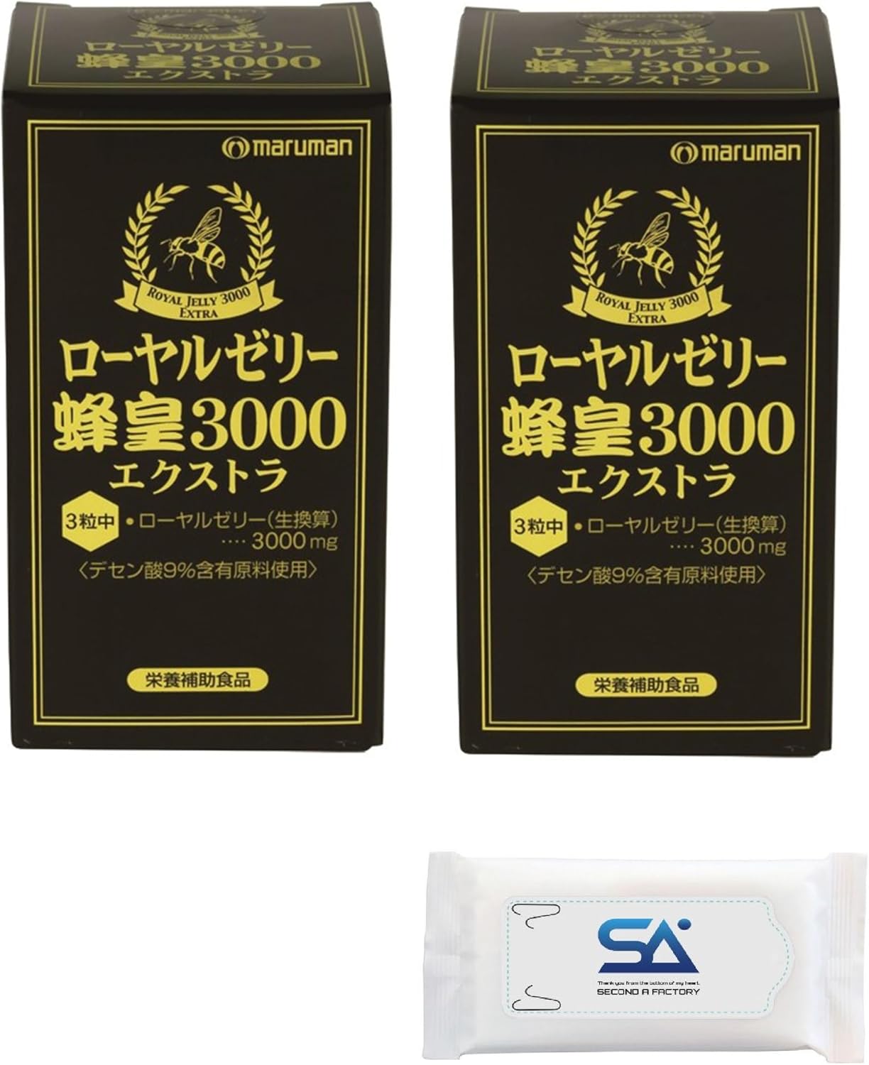 Maruman Royal Jelly, Bee King 3000 EX, 600 mg x 90 Tablets, Set of 2, Includes Original Wet Wipes (S2)