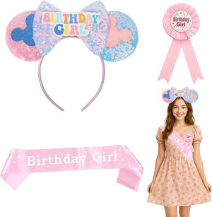 Girls Birthday Mouse Ears Headband - Set of 3 Blue Pink Glitter Headband with Bow, Happy Birthday Ribbon & Badge - Cosplay Accessories Party Kids