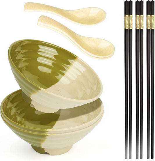 Ramen Bowl, Instant Ramen Bowl, For Udon, Buckwheat & Noodles, Breakfast, Melamine Soup Bowl, Dishwasher Safe, Udon Soba for Asian Noodles, Set of 6, Chopsticks and Spoon Set (Color: B-3 sets/Gradient, Size: 8 inches)