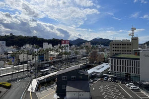 【日本の風景／愛媛県のポストカード】ビルが建ち並ぶ宇和島の市街地 椰子の木と遠くにそびえる宇和島城 はがき お土産 ハガキ 撮影/MIRO