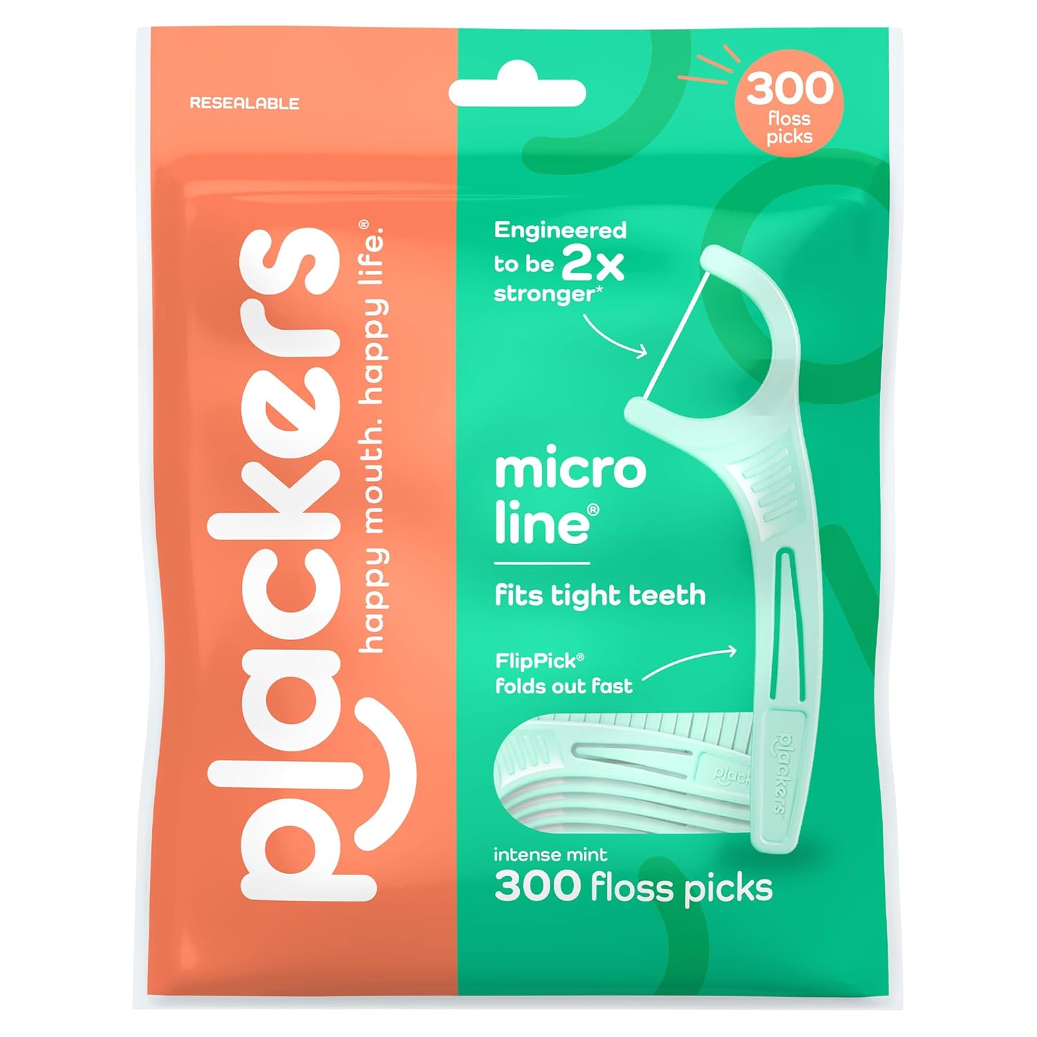 Plackers Micro Line - Aplicadores de hilo dental, palillo plegable FlipPick, Tuffloss, fácil almacenamiento con sello seguro, sabor a menta fresca, 300 unidades