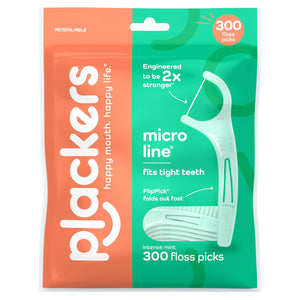 Plackers Micro Line - Aplicadores de hilo dental, palillo plegable FlipPick, Tuffloss, fácil almacenamiento con sello seguro, sabor a menta fresca, 300 unidades