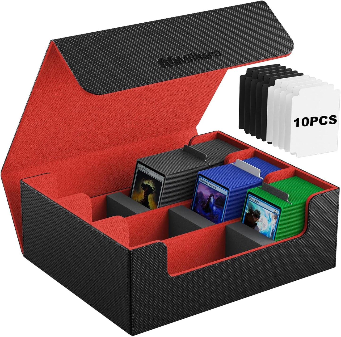 Mlikero Card Deck Case 1800+ Trading Card Storage Box with 10 Dividers and 3 Foam Stoppers Leather Magnetic Closure Commander Deck Box for YuGiOh MTG Sports Cards (Black & Red)