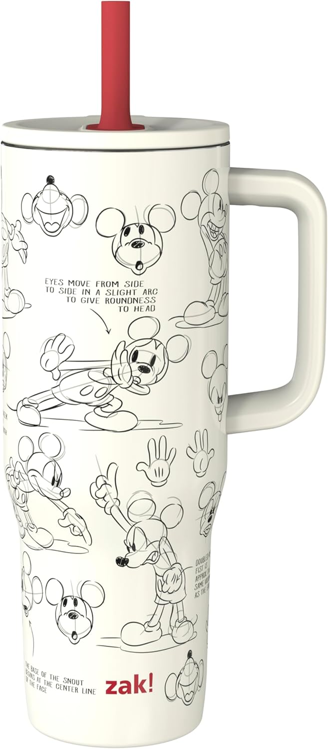 Zak Designs Disney Sutton Taza de viaje para llevar contigo, de 30 onzas, de acero inoxidable con aislamiento al vacío, con popote de silicona y asa para bebidas frías (dibujo de Mickey Mouse)
