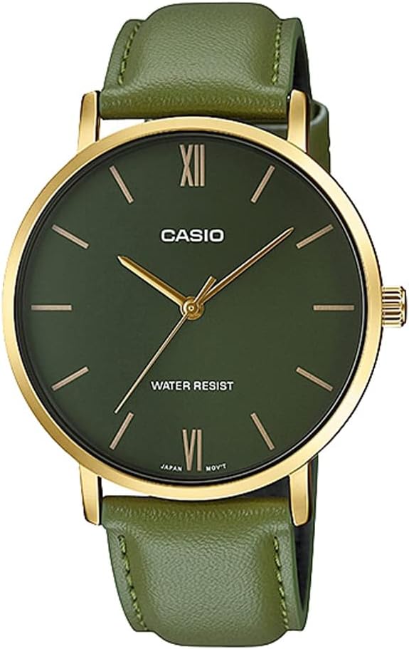 Casio MTP-VT01 Series Quartz Men's Watch, Gold x Green Leather MTP-VT01GL-3B, Formal
