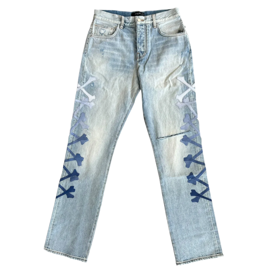 AMIRI 'BLUE/WHITE' GRADIENT BONES DISTRESSED STRAIGHT JEANS