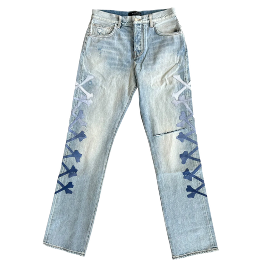 AMIRI 'BLUE/WHITE' GRADIENT BONES DISTRESSED STRAIGHT JEANS