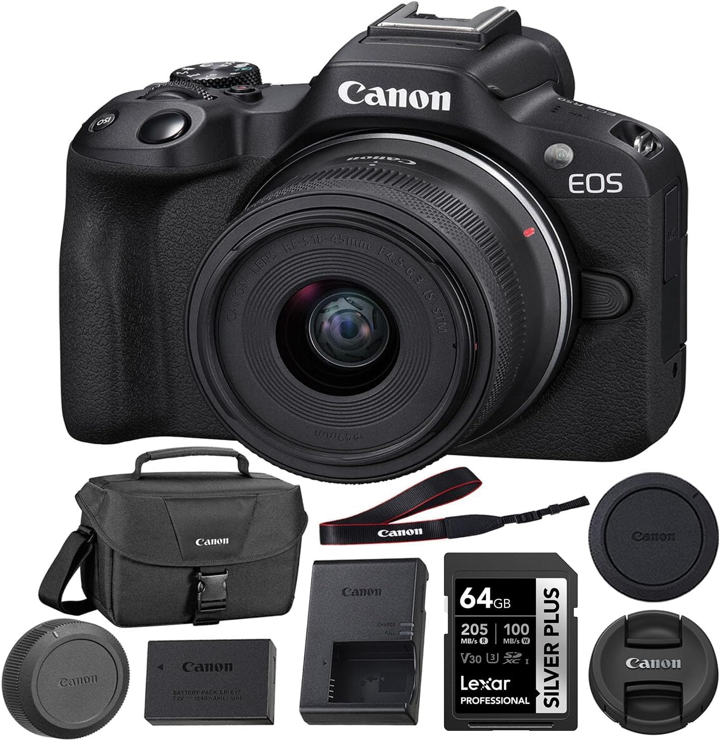 Canon Mirrorless Camera EOS R50 with 18-45mm Lens (Black) 64GB Extreme PRO UHS-I SDXC Memory Card + Canon 200ES EOS Shoulder Bag (3 Items)