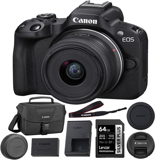 Canon Mirrorless Camera EOS R50 with 18-45mm Lens (Black) 64GB Extreme PRO UHS-I SDXC Memory Card + Canon 200ES EOS Shoulder Bag (3 Items)