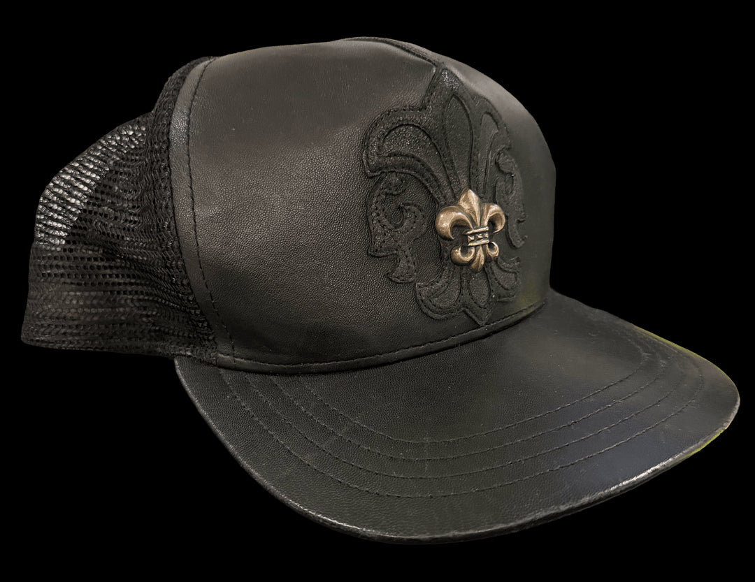 CHROME HEARTS 'FLEUR DE LIS' BLACK LEATHER TRUCKER HAT
