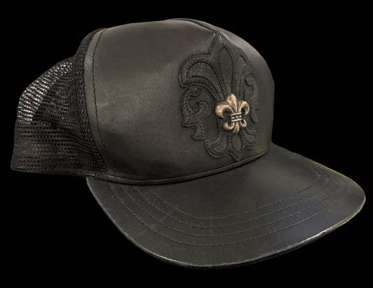 CHROME HEARTS 'FLEUR DE LIS' BLACK LEATHER TRUCKER HAT