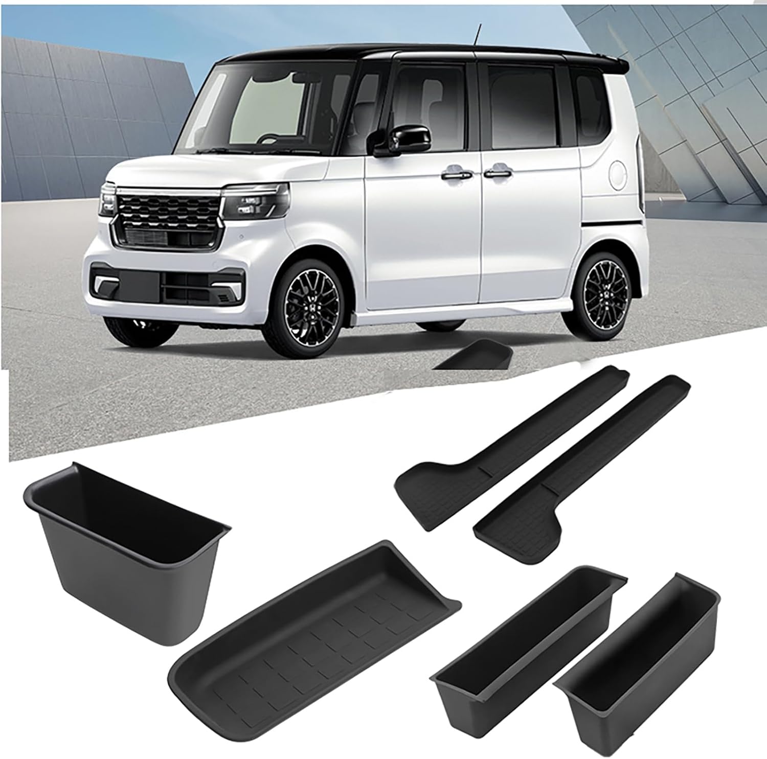 Honda Accessories N-BOX JF5 JF6 Dedicated Storage Parts Console Box, Passenger Tray, Door Handle Box, Door Side, Rubber Mat, Fits NBOX Custom 2023 and Up (4 Piece Full Set)