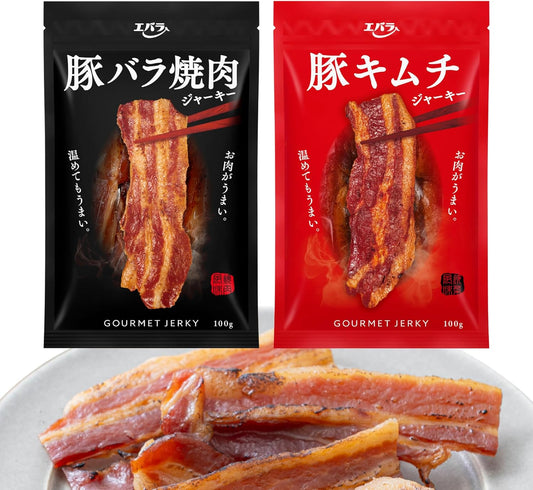 [Ebara] Pork Belly Jerky Yakiniku Flavor & Kimchi Flavor Set EC Limited/Delicious Meat Extra Thick Grilled Pork Belly Jerky (Pork Belly Meat Pork Jerky Yakiniku Sauce Kimchi Flavor) (3.53 oz (100g) ×