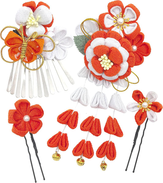 [Jzoon] 髪飾り 蝶 4点セット 成人式 七五三 卒業式 結婚式 浴衣 袴 振袖 和装 手作り つまみ細工 花 鈴付き オレンジ H2114