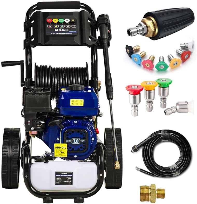 Gaidohエンジン式高圧洗浄機セット組 24MPAガソリンエンジン7.0馬力 純銅製ポンプ9.5L/min 強力自吸 蛇口接続可 溜め水給水可 2L洗浄剤タンク付 給水機能付 標準5つの噴射パターン付 電源不要 初心者でも使用簡単 車輪付タイプ オートチック機能 水道直結 農機具 強力 洗浄 粗皮削り