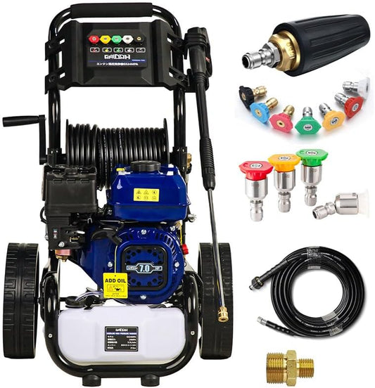 Gaidohエンジン式高圧洗浄機セット組 24MPAガソリンエンジン7.0馬力 純銅製ポンプ9.5L/min 強力自吸 蛇口接続可 溜め水給水可 2L洗浄剤タンク付 給水機能付 標準5つの噴射パターン付 電源不要 初心者でも使用簡単 車輪付タイプ オートチック機能 水道直結 農機具 強力 洗浄 粗皮削り