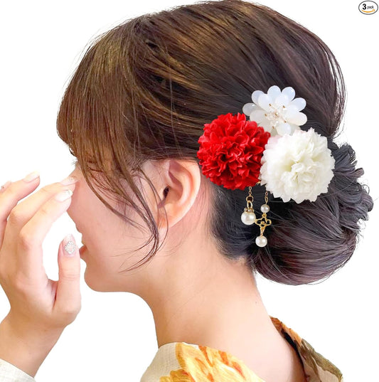 JZOON Hair Ornaments 3-Piece Set, Flowers, Yukata, Coming-of-Age Ceremony, Graduation Ceremony, Fireworks Display, Ping Pong Mom, Pearl, Hair Accessories, Cute, Long Sleeve Hakama, Coming-of-Age