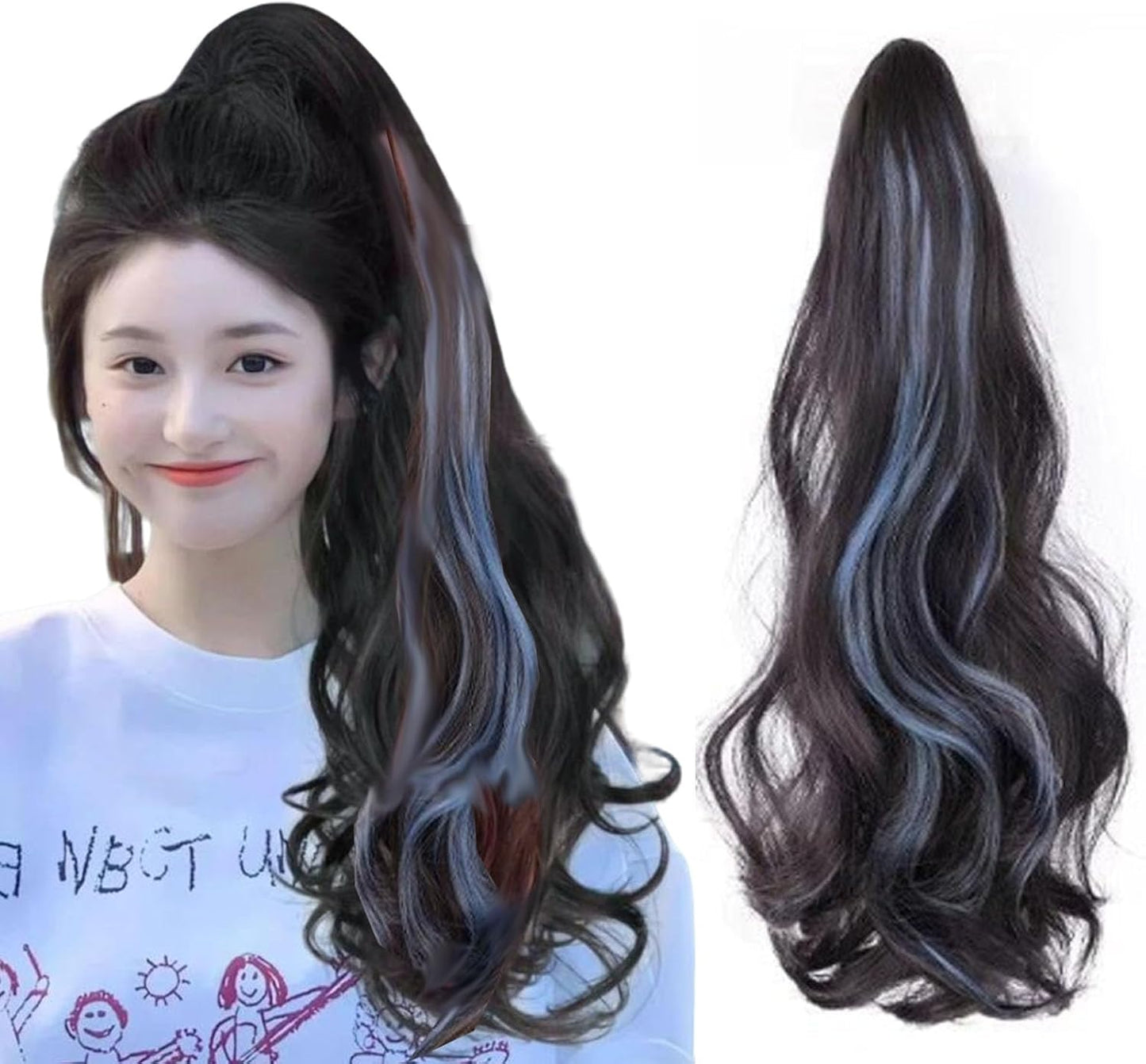 ポニーテールウ 巻き髪 45cm ィッグ つけ毛 ウィッグ レディース ポニーテールエクステ ポニーテール クリップ 付け髪 ロング 付け毛 人工毛 ファクション エクステ ウェーブ 原宿系 簡単装着 舞台用 学園祭 仮装 小物 日常 デート ライ クリスマス プレゼント 取り付け簡単 (ブラックブラウン+ブルー)