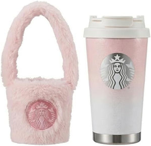 STARBUCKS スターバックス タンブラー 380ml ステンレス マグ ふわふわ ファーバッグ付き ピンク グラデーション ラメ入り 直飲み 保温 保冷 ギフトボックス入り 蓋付き レディース オフィス おしゃれ かわいい 日本未入荷 [並行輸入品]