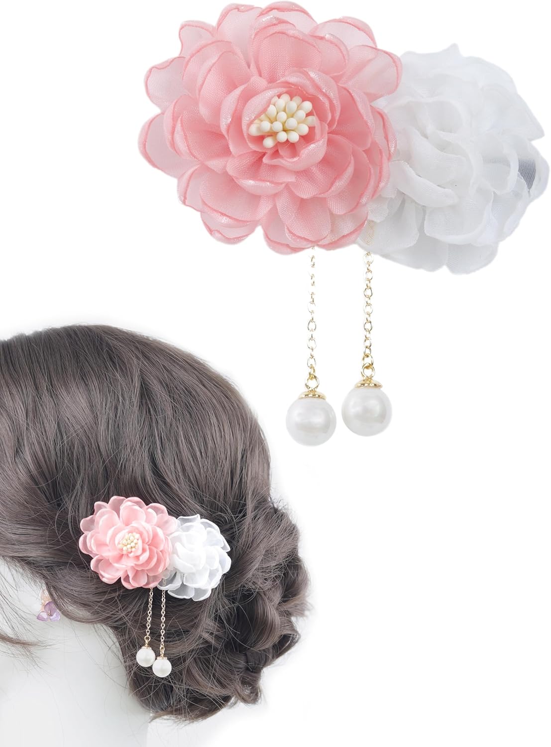 NANA Handmade Hair Ornament, Clip, Swaying Pearl Beads, Yukata, Kimono, Fireworks Display, Simple, Small Flowers, Short, Hakama, Ping Pong Mom, Shichi-Go-San