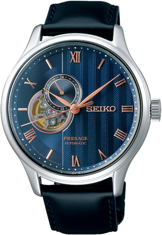 Seiko Presage Japanese Garden Open Heart Men's Watch, Case: Silver / Dial: Navy / Band: Black (Cow Leather), 1 piece