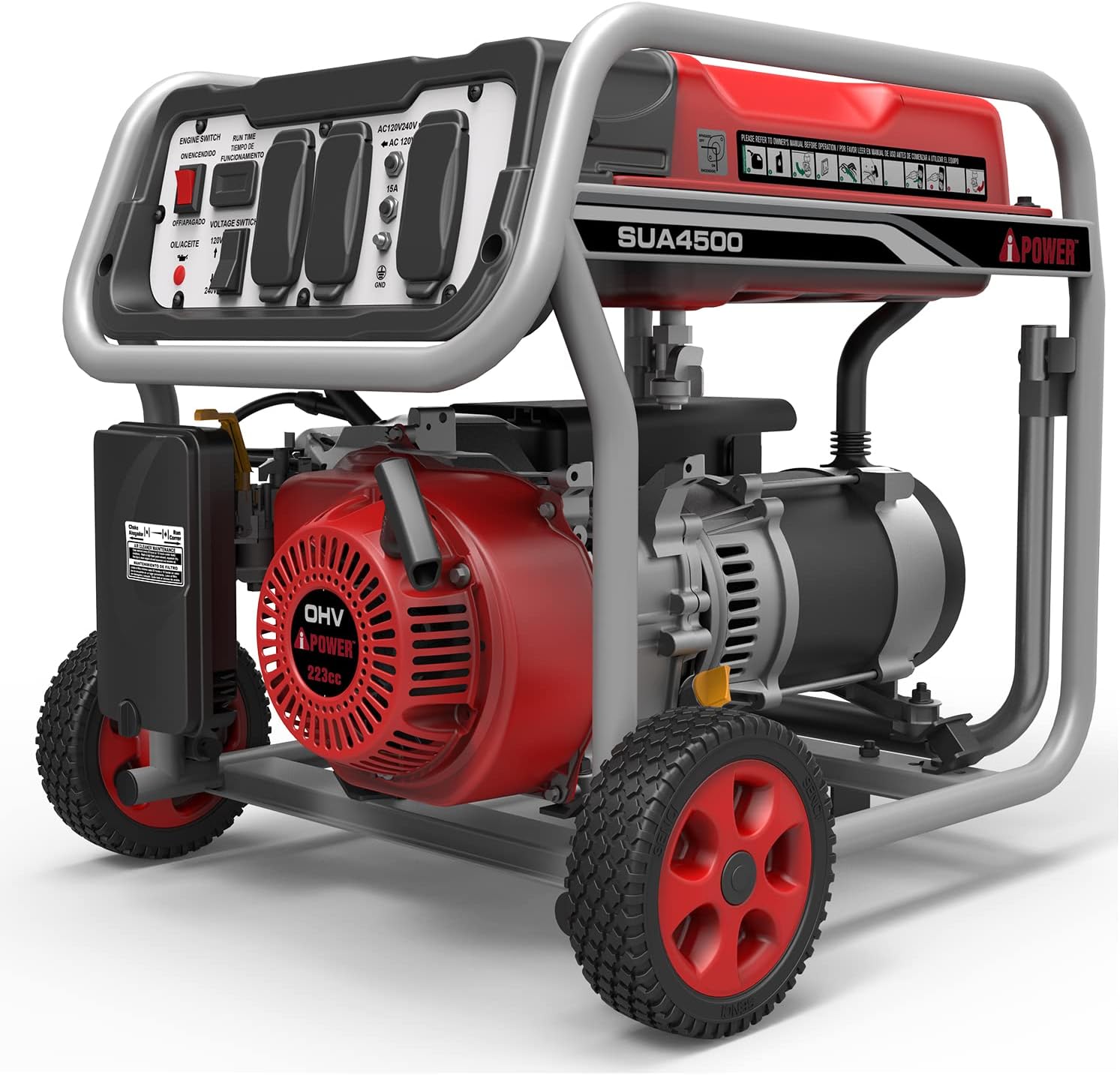A-iPower SUA4500 4,500-Watt Gasoline Powered Portable Generator Wheel Kit Included, Red