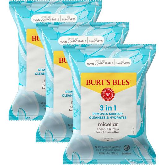 Toallitas faciales Burt's Bees de limpieza facial, toallitas desmaquillantes, limpiador micelar hidratante 3 en 1 con agua de coco y loto, 90 unidades (el embalaje puede variar)