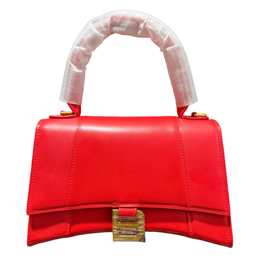 BALENCIAGA HOURGLASS S 'RED LEATHER' TOP HANDLE GOLD HARDWARE HANDBAG
