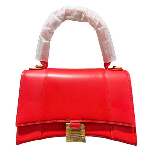BALENCIAGA HOURGLASS S 'RED LEATHER' TOP HANDLE GOLD HARDWARE HANDBAG