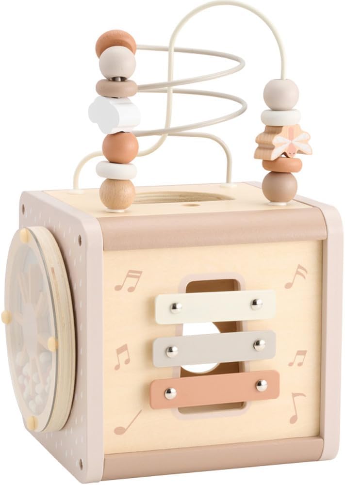LabelLabel Activity Cube Wooden Toy Looping Shape Sorting Baby 1 Year Old 2 Years Old Birthday Present Boys Girls Wooden Toy Educational Toy (Latte) Christmas Present