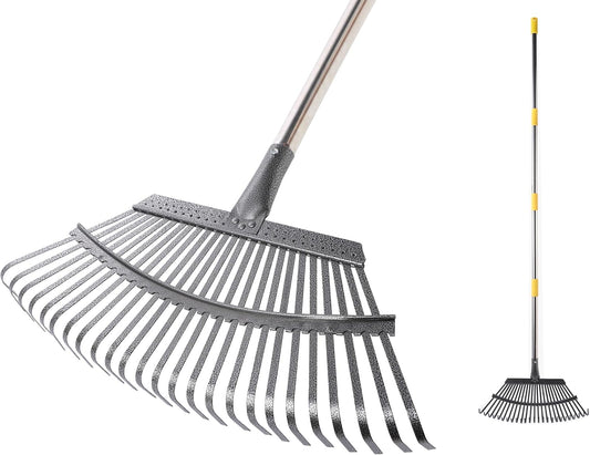 CLEANHOME Rake Garden Rake 25 Tines Adjustable Length 33.1-67.3 inches (84-171 cm) Leaf Sweeping Gardening/Grass Cutting/Lawn/Garden/Garden Cleaning Lightweight (Black)