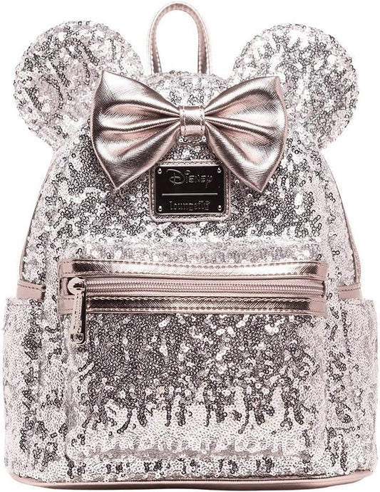Loungefly Mini mochila de lentejuelas plateadas de Minnie Mouse de Disney
