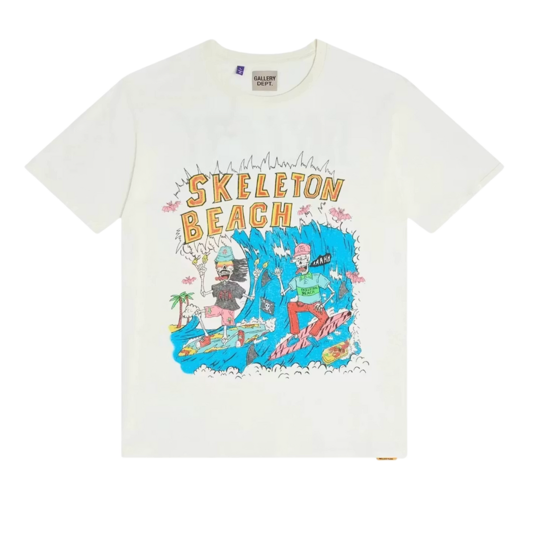 GALLERY DEPT. ANTIQUE WHITE SKELETON BEACH SURF GLITTER LOGO TEE