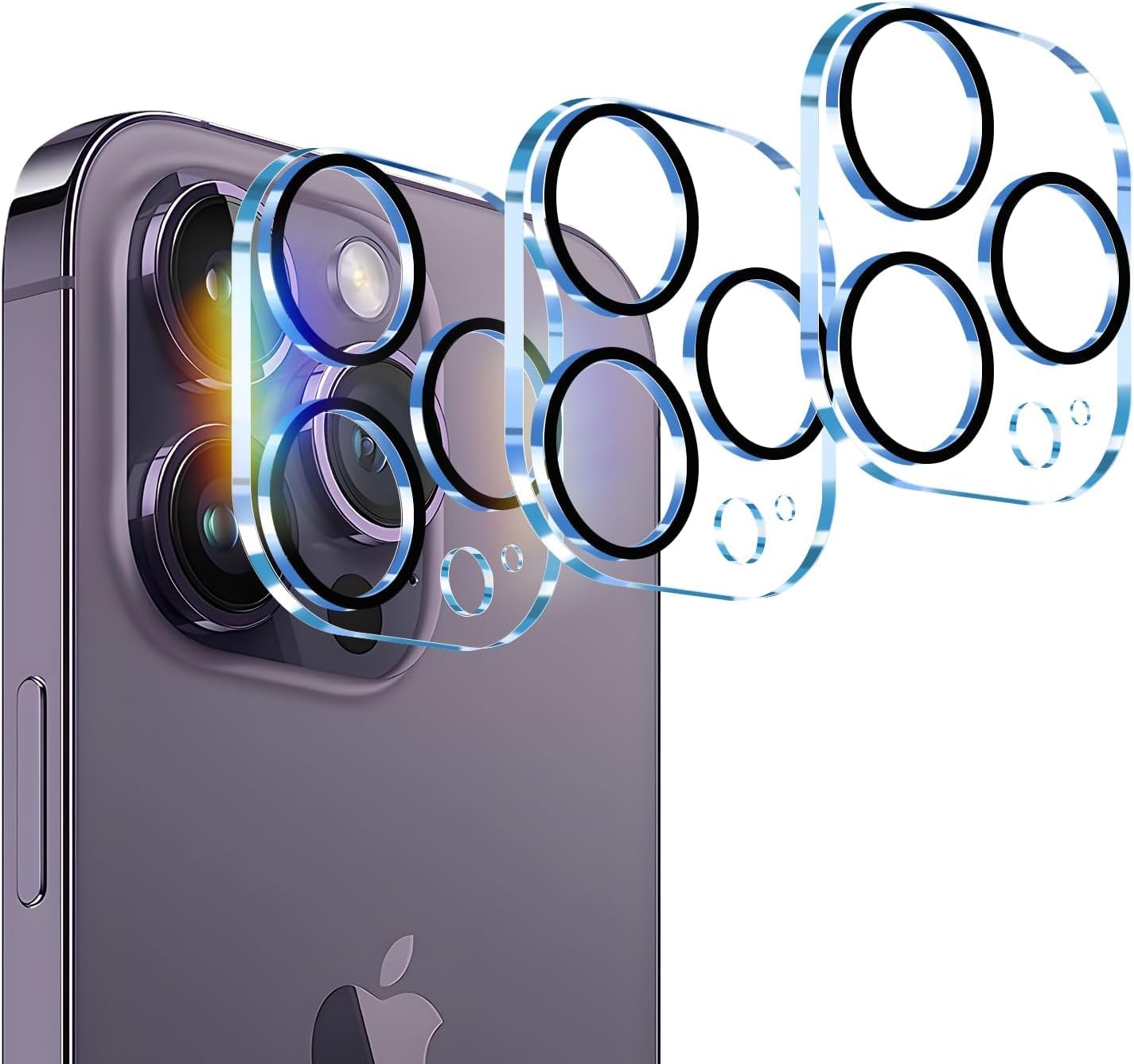 Seninhi Tempered Glass Camera Lens Protector For iPhone 14 Pro / 14 Pro Max, Cover, Full Coverage, Black Edges, Overexposure Prevention, 3-Piece Set
