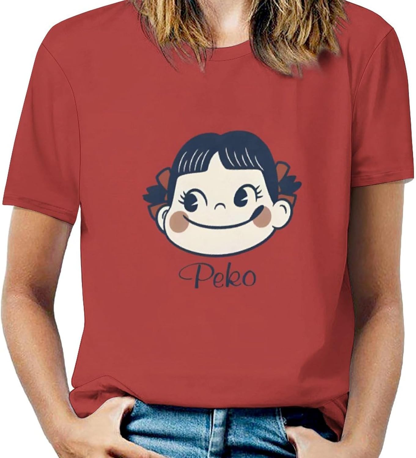 ZITION Peko-chan T-shirt, Short Sleeve, Crew Neck, Large Size, Simple, Character Underwear, Print, Casual, Women's, Anime Goods, Fashionable