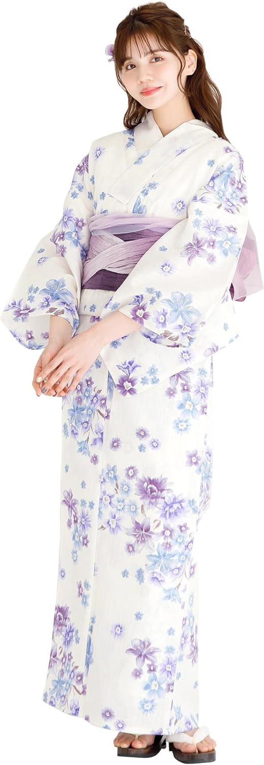 Dita Women's Yukata, 5-piece Set, Waist Belt, Blue, Purple, White, Floral Pattern, Simple, Watercolor, Elegant, Easy to Wear by One Person