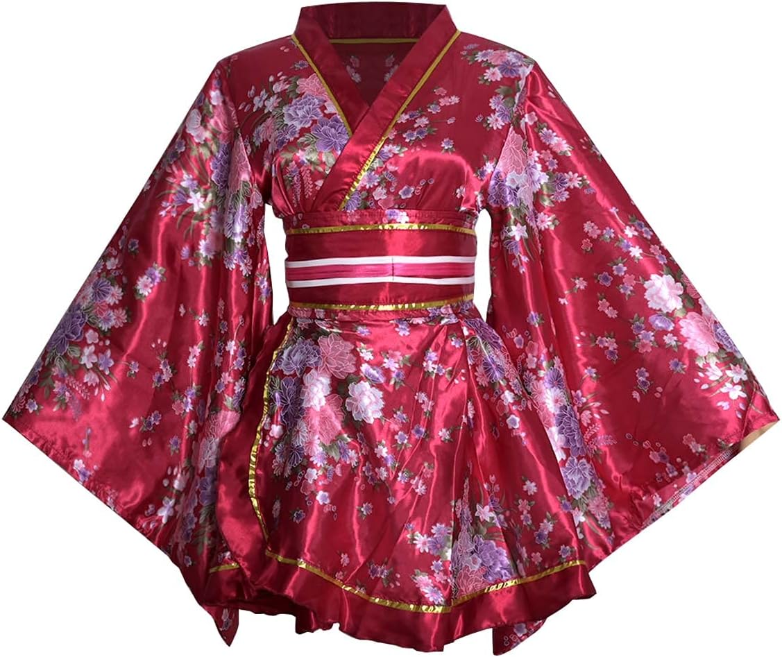 Women's Short Kimono Costume, Floral Pattern, Long Sleeve, Japanese Traditional Geisha, Yukata, Lolita Dress, Sexy Bath, Srobe, Sleepwear Robe, Belt Outfit