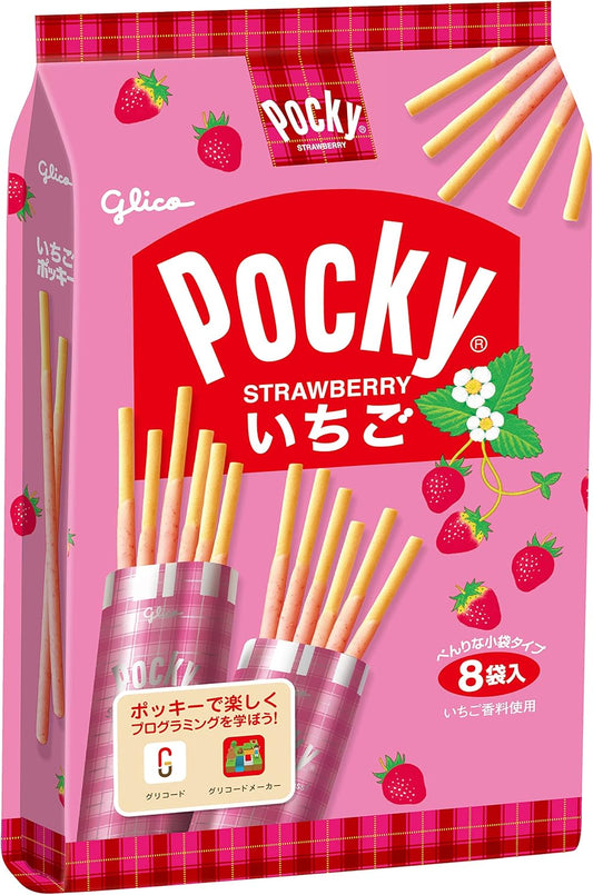 Pocky Strawberry 8 Pack, Ezaki Glico, Large Capacity, Individually Wrapped, Strawberry, Candy, Chocolate, Snack, Gift, Valentine's Day, White Day