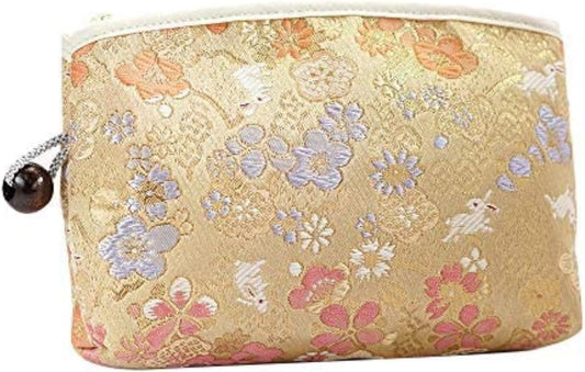 Kyoto Geimidou Nishijin Textile High-grade Gold Brocade Cosmetic Pouch, Japanese Pattern, Made in Japan, beige 05
