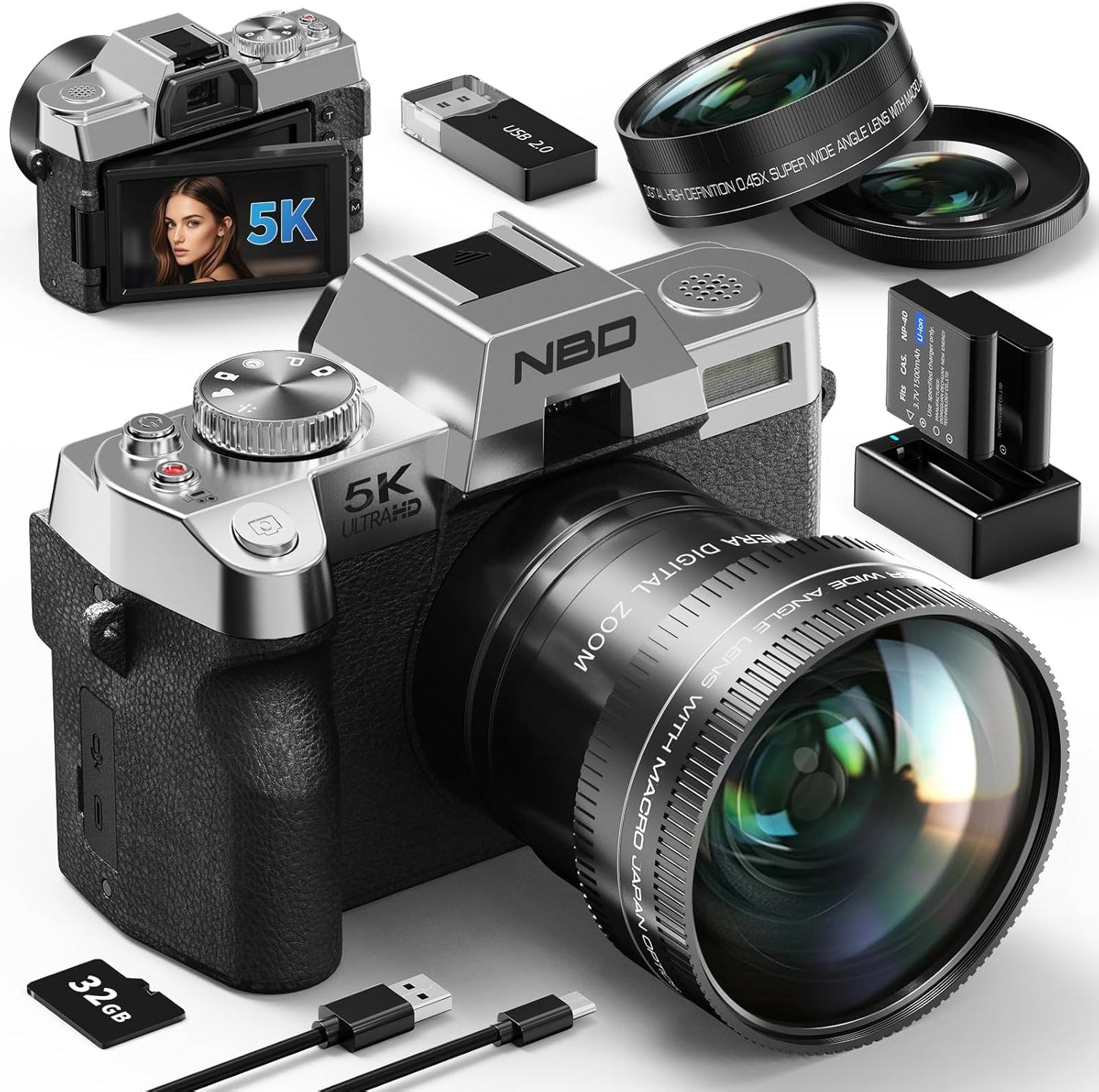 NBD 5K 48 Megapixel Digital Camera (2025 Model, New Color), 16x Zoom SLR Camera, 180° Flip Screen, Auto Focus, Image Stabilization, Wi-Fi and App Control, Macro + Wide Angle Lens & Webcam Functions