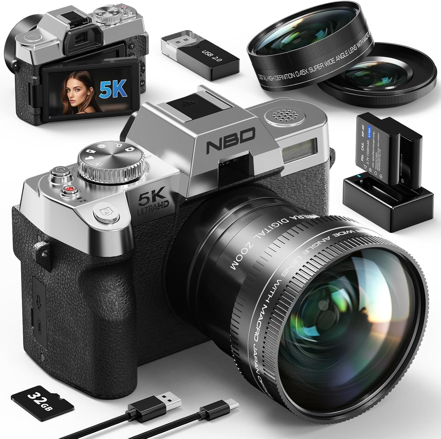 NBD 5K 48 Megapixel Digital Camera (2025 Model, New Color), 16x Zoom SLR Camera, 180° Flip Screen, Auto Focus, Image Stabilization, Wi-Fi and App Control, Macro + Wide Angle Lens & Webcam Functions