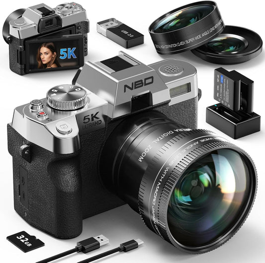 NBD 5K 48 Megapixel Digital Camera (2025 Model, New Color), 16x Zoom SLR Camera, 180° Flip Screen, Auto Focus, Image Stabilization, Wi-Fi and App Control, Macro + Wide Angle Lens & Webcam Functions