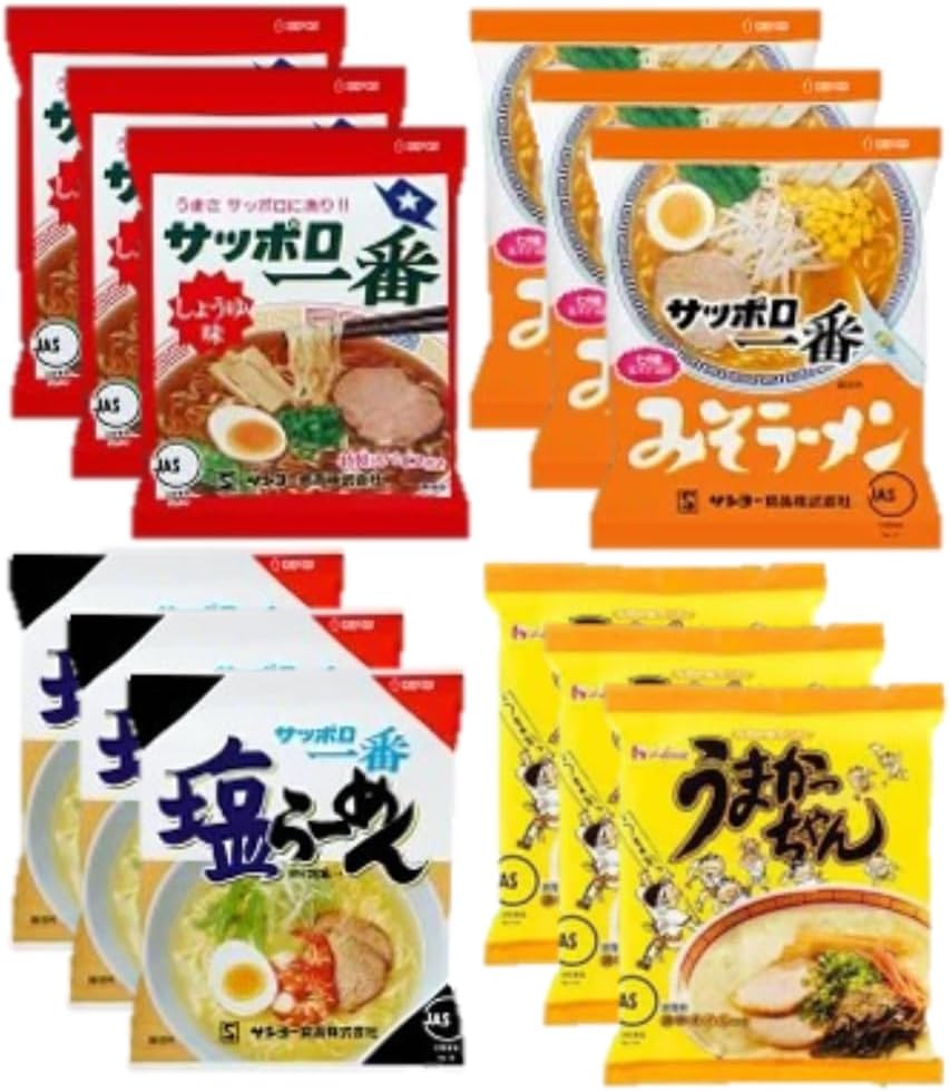 Sapporo Ichiban Popular Ramen Food Comparison Set, Total of 12 Servings (Soy Sauce, Miso, Salt, Tonkotsu, Assorted 3 Bags Each)
