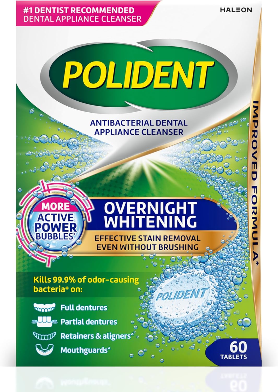 Polident Blanqueamiento nocturno antibacteriano, limpiador para aparatos dentales en tabletas, 60 unidades