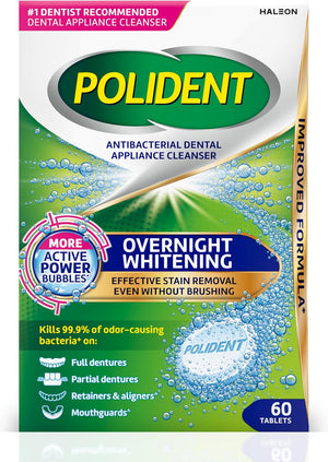 Polident Blanqueamiento nocturno antibacteriano, limpiador para aparatos dentales en tabletas, 60 unidades