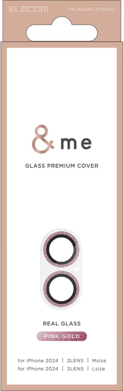 Elecom PM-A24AFLLP5PGG iPhone 16 Plus Camera Film, Tempered Glass, 10H Hardness, Real Glass, Full Protection, Black Edging, Glitter, Fingerprints, Jewelry, Cute, Stylish, Pink Gold