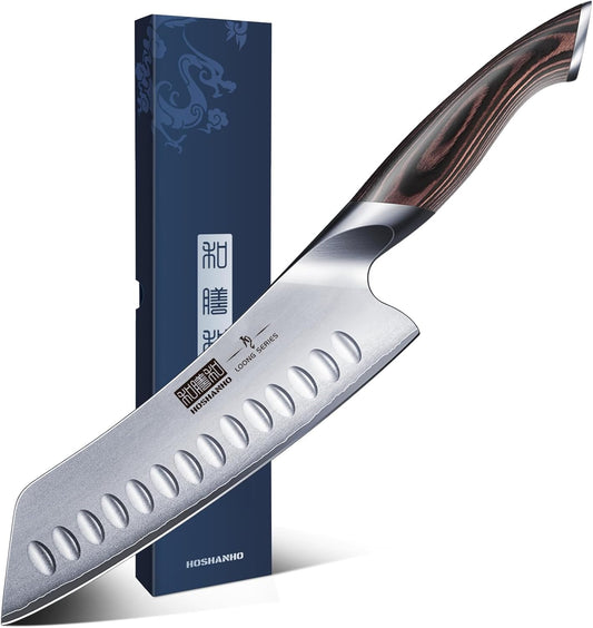 HOSHANHO Kitchen Knife, 7.0 inches (178 mm), Santoku Knife, Well-Cut, All-Purpose Cooking, High Carbon Stainless Steel, 10Cr15CoMoV, Steel Kitchen Knife, Santoku Knife, Suitable for Cutting Meat and